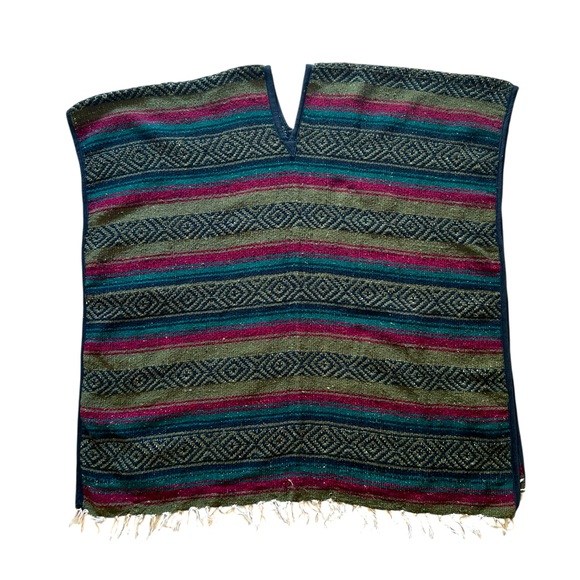 Vintage Woven Green Mexican Southwestern Blanket Style Poncho or Serape, OS - Picture 4 of 10